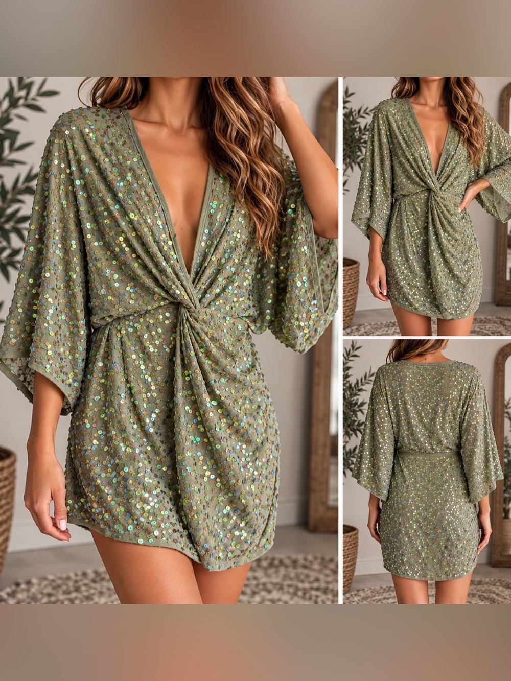 NWT ASOS Green Sequin Knot Front Kimono Mini Dress 4